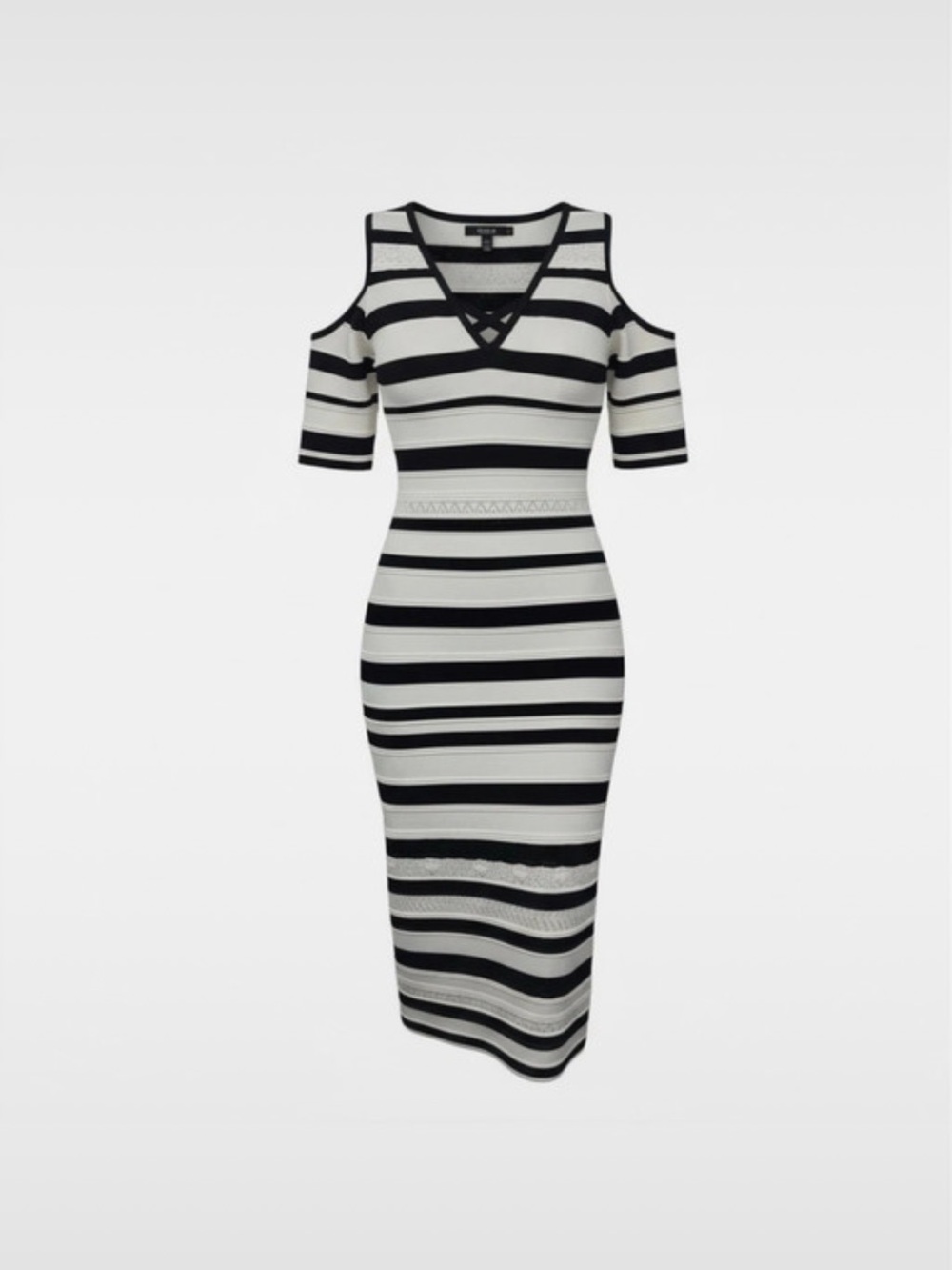 XOXO Black and White Striped Cold-Shoulder Midi Dress